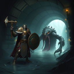 A fierce leonin paladin clad in intricately designed armor stands powerfully in a dark, foreboding Gordian water tunnel