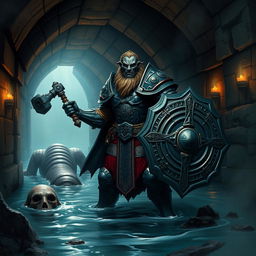 A fierce leonin paladin clad in intricately designed armor stands powerfully in a dark, foreboding Gordian water tunnel