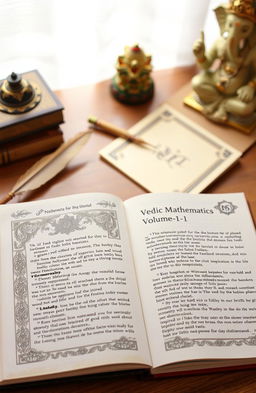 An open book showcasing the front cover of 'Vedic Mathematics, Volume -1, NS Academy', featuring intricate designs inspired by ancient Indian patterns