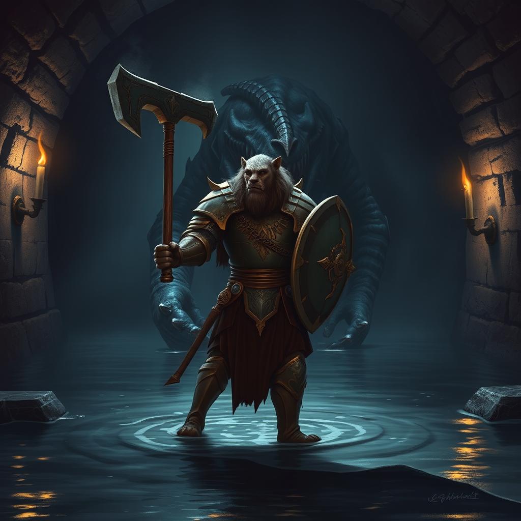 A leonin paladin, a striking half-man half-lion warrior, stands valiantly in a dimly lit Gordian water tunnel