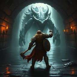 A leonin paladin, a striking half-man half-lion warrior, stands valiantly in a dimly lit Gordian water tunnel