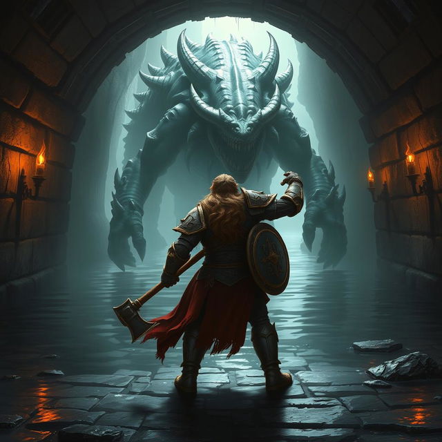 A leonin paladin, a striking half-man half-lion warrior, stands valiantly in a dimly lit Gordian water tunnel