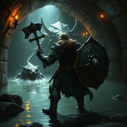 A leonin paladin, a striking half-man half-lion warrior, stands valiantly in a dimly lit Gordian water tunnel