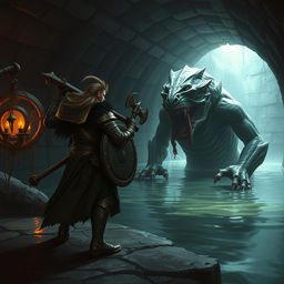 A leonin paladin, a striking half-man half-lion warrior, stands valiantly in a dimly lit Gordian water tunnel