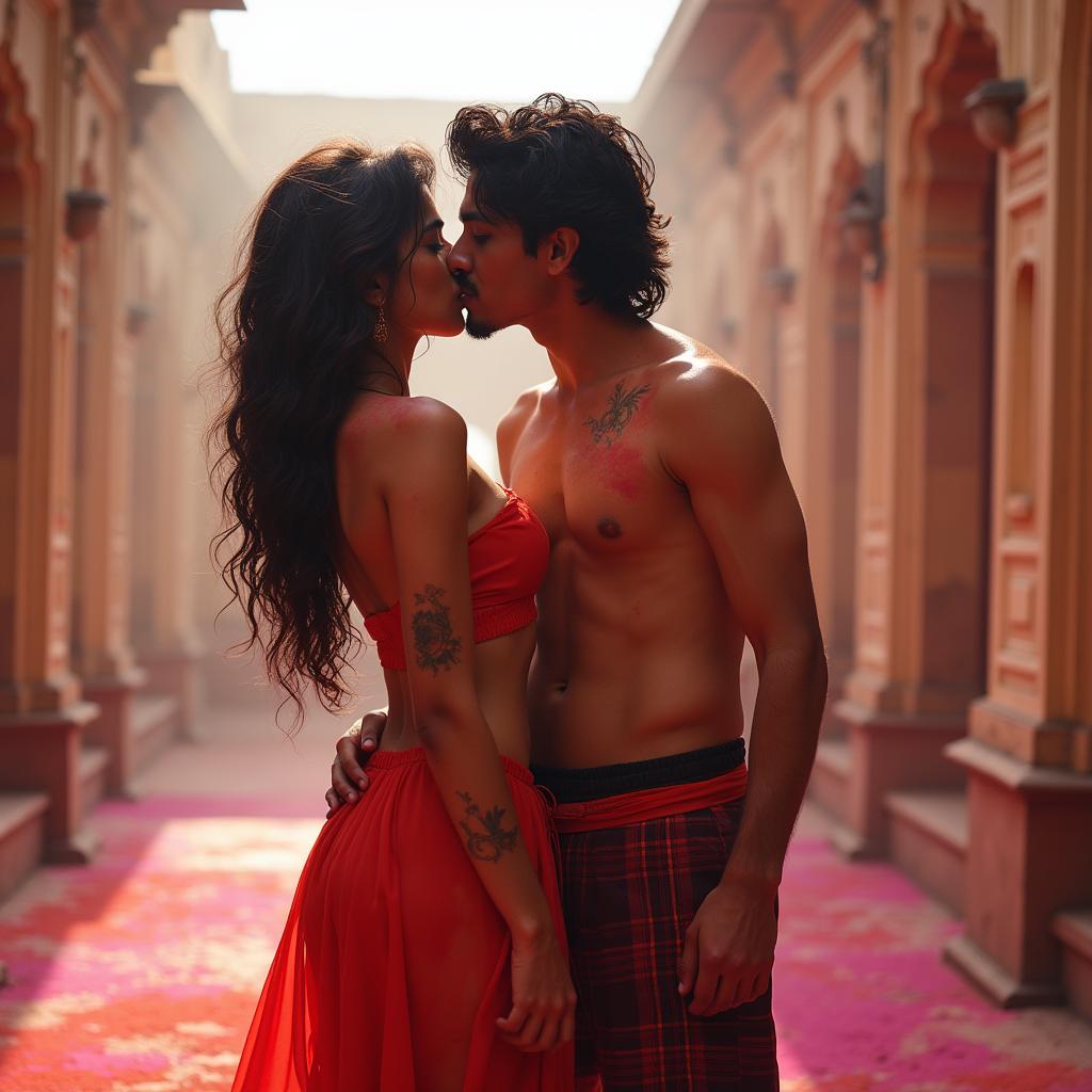 A sensual artistic scene featuring a college girl inspired by Nushrat Bharucha, wearing a low waist chiffon short skirt, engaged in an intimate moment with her classmate at a stunning Rajasthani fort during the festive celebration of Holi