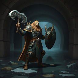 A leonin half-man half-lion paladin, resplendent in ornate armor, stands confidently in a dark, shadowy Gordian water tunnel