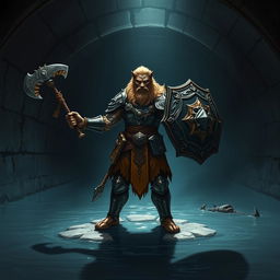 A leonin half-man half-lion paladin, resplendent in ornate armor, stands confidently in a dark, shadowy Gordian water tunnel
