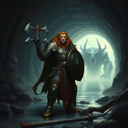 A leonin half-man half-lion paladin, resplendent in ornate armor, stands confidently in a dark, shadowy Gordian water tunnel