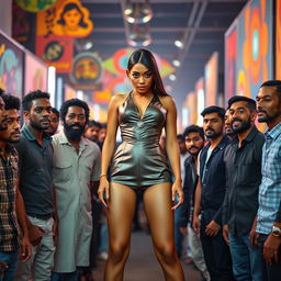 A striking scene depicting a confident woman standing at the center, surrounded by a diverse group of men, all captivated by her presence