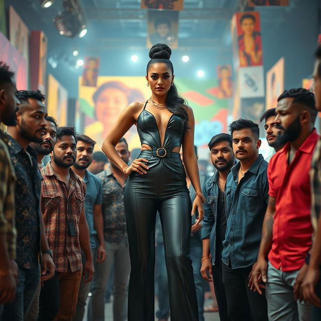 A striking scene depicting a confident woman standing at the center, surrounded by a diverse group of men, all captivated by her presence