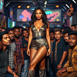 A striking scene depicting a confident woman standing at the center, surrounded by a diverse group of men, all captivated by her presence