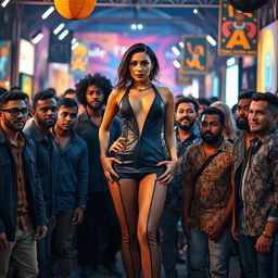 A striking scene depicting a confident woman standing at the center, surrounded by a diverse group of men, all captivated by her presence