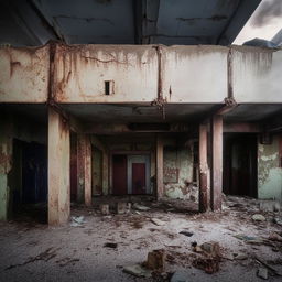 An old, dilapidated building in a desolate, apocalyptic environment