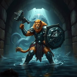 A leonin half-man half-lion paladin in shining armor wielding a mighty mace and a towering shield, stands valiantly in a dark, shadowy Gordian water tunnel with ancient stonework