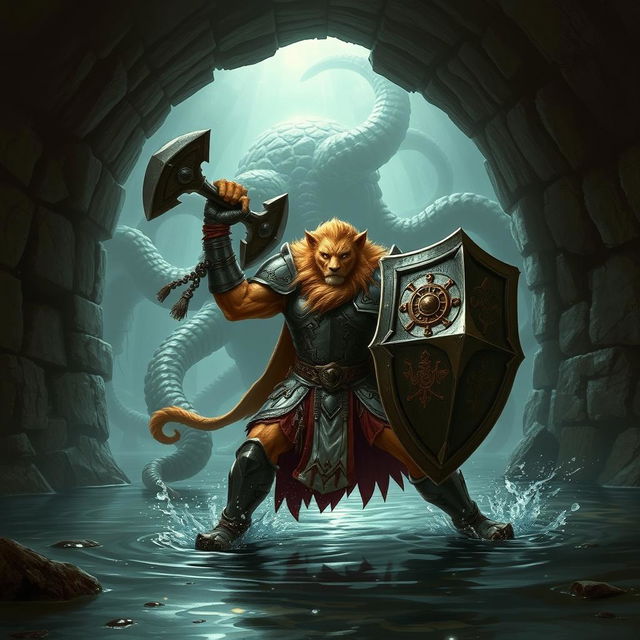 A leonin half-man half-lion paladin in shining armor wielding a mighty mace and a towering shield, stands valiantly in a dark, shadowy Gordian water tunnel with ancient stonework