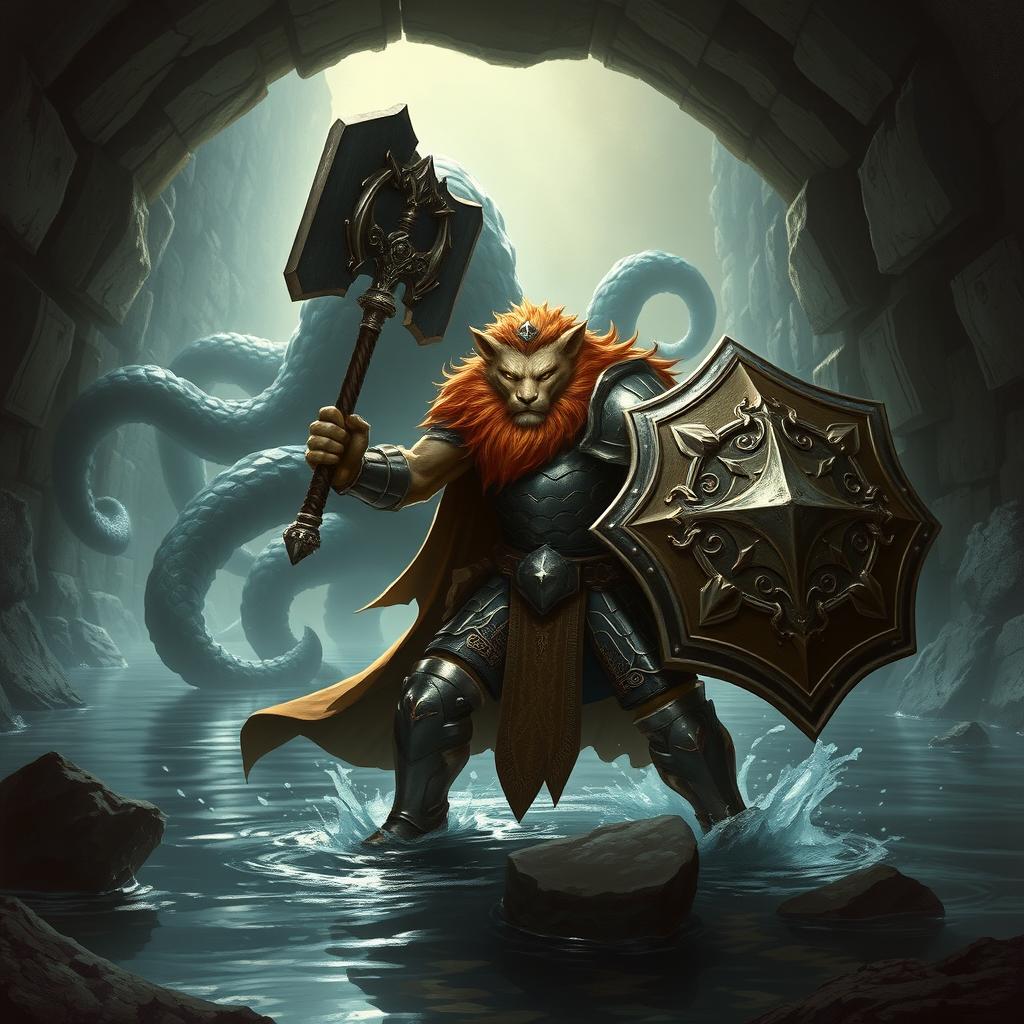 A leonin half-man half-lion paladin in shining armor wielding a mighty mace and a towering shield, stands valiantly in a dark, shadowy Gordian water tunnel with ancient stonework