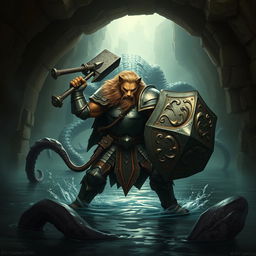 A leonin half-man half-lion paladin in shining armor wielding a mighty mace and a towering shield, stands valiantly in a dark, shadowy Gordian water tunnel with ancient stonework