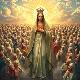 A majestic scene depicting Maria at the forefront, surrounded by a multitude of approximately 20,000 saints