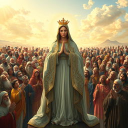 A majestic scene depicting Maria at the forefront, surrounded by a multitude of approximately 20,000 saints