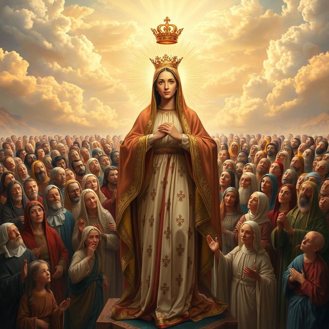 A majestic scene depicting Maria at the forefront, surrounded by a multitude of approximately 20,000 saints