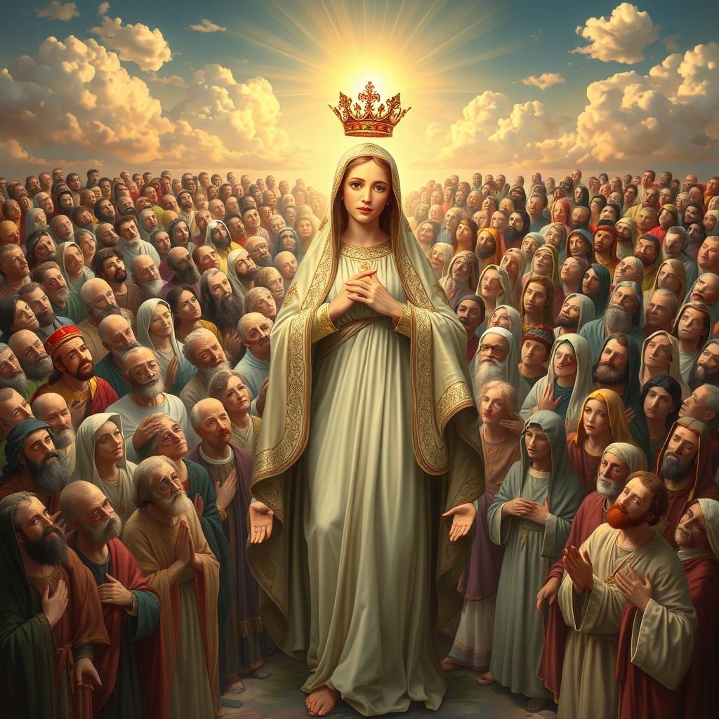 A majestic scene depicting Maria at the forefront, surrounded by a multitude of approximately 20,000 saints
