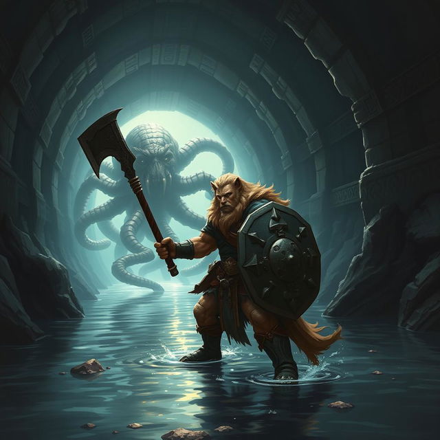 A leonin half-man half-lion paladin boldly wielding a formidable mace and a sturdy shield, stands a short distance away from a gigantic aboleth in a dark, murky Gordian water tunnel adorned with intricate stonework