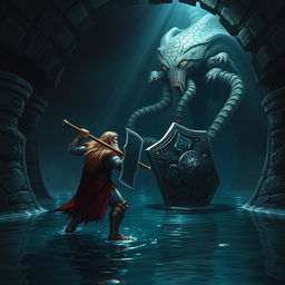 A leonin half-man half-lion paladin boldly wielding a formidable mace and a sturdy shield, stands a short distance away from a gigantic aboleth in a dark, murky Gordian water tunnel adorned with intricate stonework