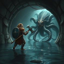 A leonin half-man half-lion paladin boldly wielding a formidable mace and a sturdy shield, stands a short distance away from a gigantic aboleth in a dark, murky Gordian water tunnel adorned with intricate stonework