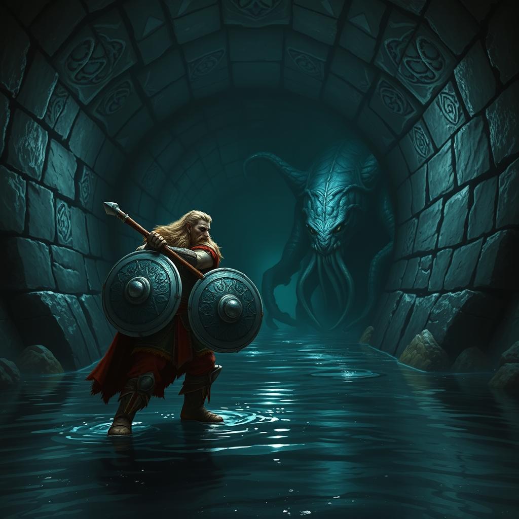 A leonin half-man half-lion paladin boldly wielding a formidable mace and a sturdy shield, stands a short distance away from a gigantic aboleth in a dark, murky Gordian water tunnel adorned with intricate stonework