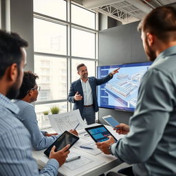 A collaborative office scene featuring a confident male BIM manager leading a diverse team in a modern construction setting