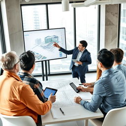 A collaborative office scene featuring a confident male BIM manager leading a diverse team in a modern construction setting