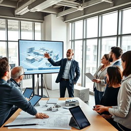 A collaborative office scene featuring a confident male BIM manager leading a diverse team in a modern construction setting