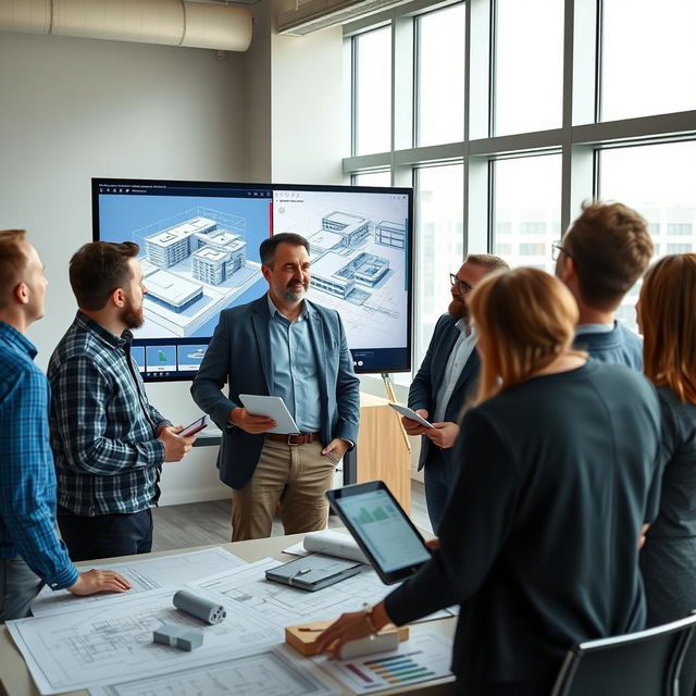 A collaborative office scene featuring a confident male BIM manager leading a diverse team in a modern construction setting