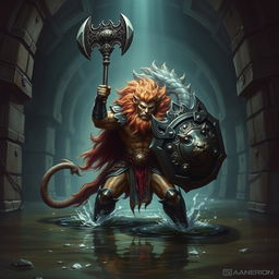 A lush-maned leonin half-man half-lion paladin, depicted in majestic detail, fiercely engages a gigantic aboleth in a dark, eerie Gordian water tunnel with elaborate stonework