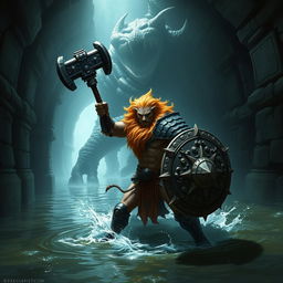 A lush-maned leonin half-man half-lion paladin, depicted in majestic detail, fiercely engages a gigantic aboleth in a dark, eerie Gordian water tunnel with elaborate stonework