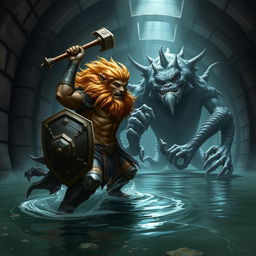 A lush-maned leonin half-man half-lion paladin, depicted in majestic detail, fiercely engages a gigantic aboleth in a dark, eerie Gordian water tunnel with elaborate stonework