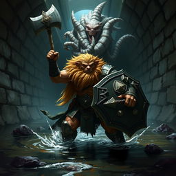A lush-maned leonin half-man half-lion paladin, depicted in majestic detail, fiercely engages a gigantic aboleth in a dark, eerie Gordian water tunnel with elaborate stonework