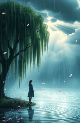 A beautiful and emotional scene inspired by the song 'আসমানি অশ্রু' by কারিশমা আনান সুহানা, depicting a serene landscape where rain gently falls on a tranquil lake, creating ripples on the water's surface