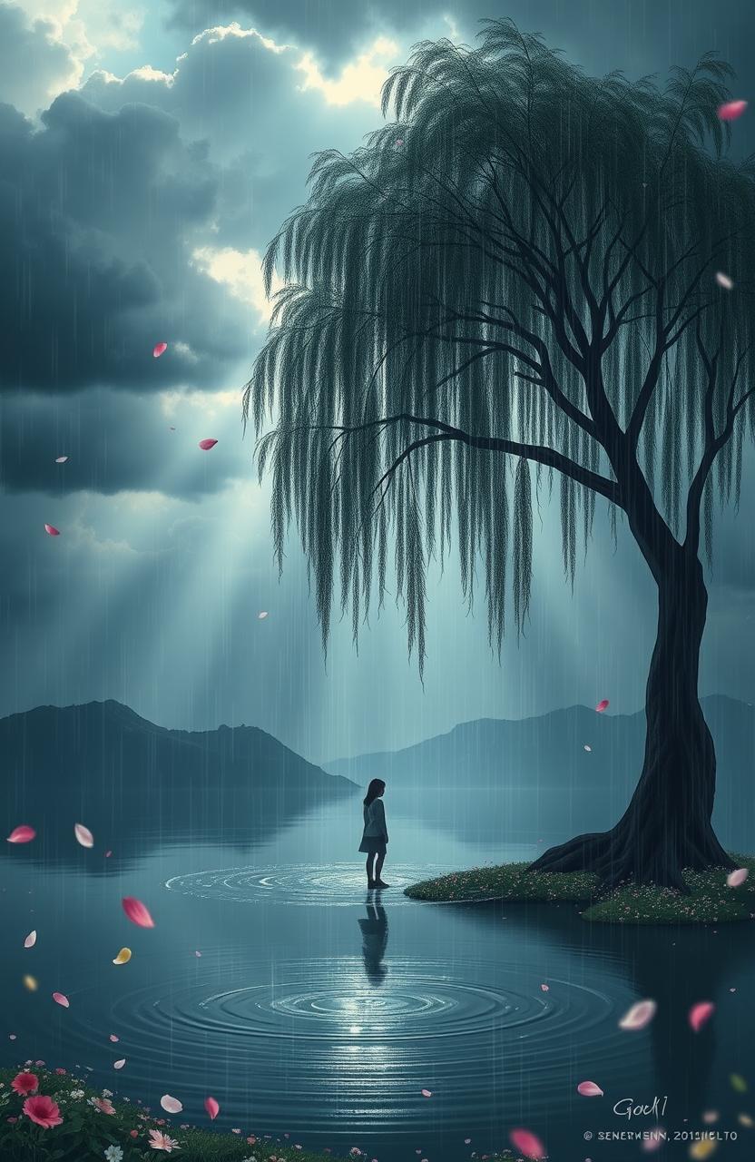 A beautiful and emotional scene inspired by the song 'আসমানি অশ্রু' by কারিশমা আনান সুহানা, depicting a serene landscape where rain gently falls on a tranquil lake, creating ripples on the water's surface