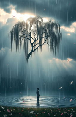 A beautiful and emotional scene inspired by the song 'আসমানি অশ্রু' by কারিশমা আনান সুহানা, depicting a serene landscape where rain gently falls on a tranquil lake, creating ripples on the water's surface