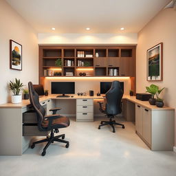 A cozy modern corner home office designed in an L-shape for two people, measuring 2