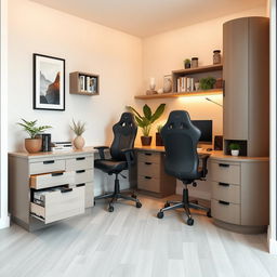 A cozy modern corner home office designed in an L-shape for two people, measuring 2