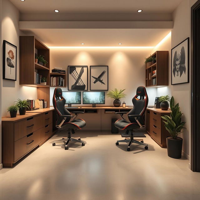 A cozy modern corner home office designed in an L-shape for two people, measuring 2