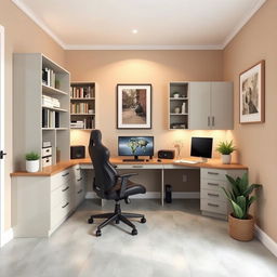 A cozy modern corner home office designed in an L-shape for two people, measuring 2