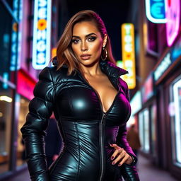 A gorgeous woman wearing a tight, shiny black puffer catsuit that accentuates her curves and big boobs, creating a striking silhouette