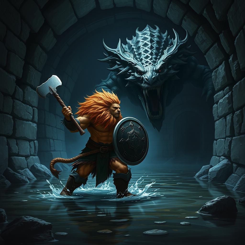 A lush-maned leonin half-man half-lion paladin, radiating strength and courage, fiercely confronts a massive aboleth in a dark, foreboding Gordian water tunnel adorned with intricate stonework