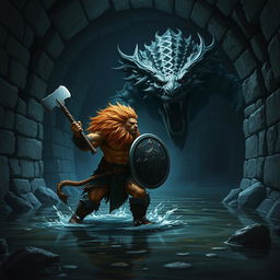 A lush-maned leonin half-man half-lion paladin, radiating strength and courage, fiercely confronts a massive aboleth in a dark, foreboding Gordian water tunnel adorned with intricate stonework