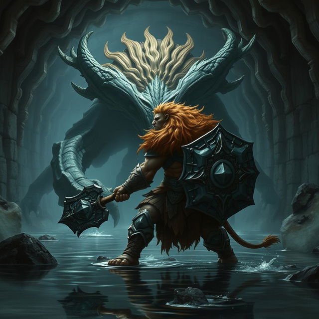 A lush-maned leonin half-man half-lion paladin, radiating strength and courage, fiercely confronts a massive aboleth in a dark, foreboding Gordian water tunnel adorned with intricate stonework