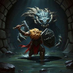 A lush-maned leonin half-man half-lion paladin, radiating strength and courage, fiercely confronts a massive aboleth in a dark, foreboding Gordian water tunnel adorned with intricate stonework