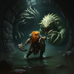 A lush-maned leonin half-man half-lion paladin, radiating strength and courage, fiercely confronts a massive aboleth in a dark, foreboding Gordian water tunnel adorned with intricate stonework